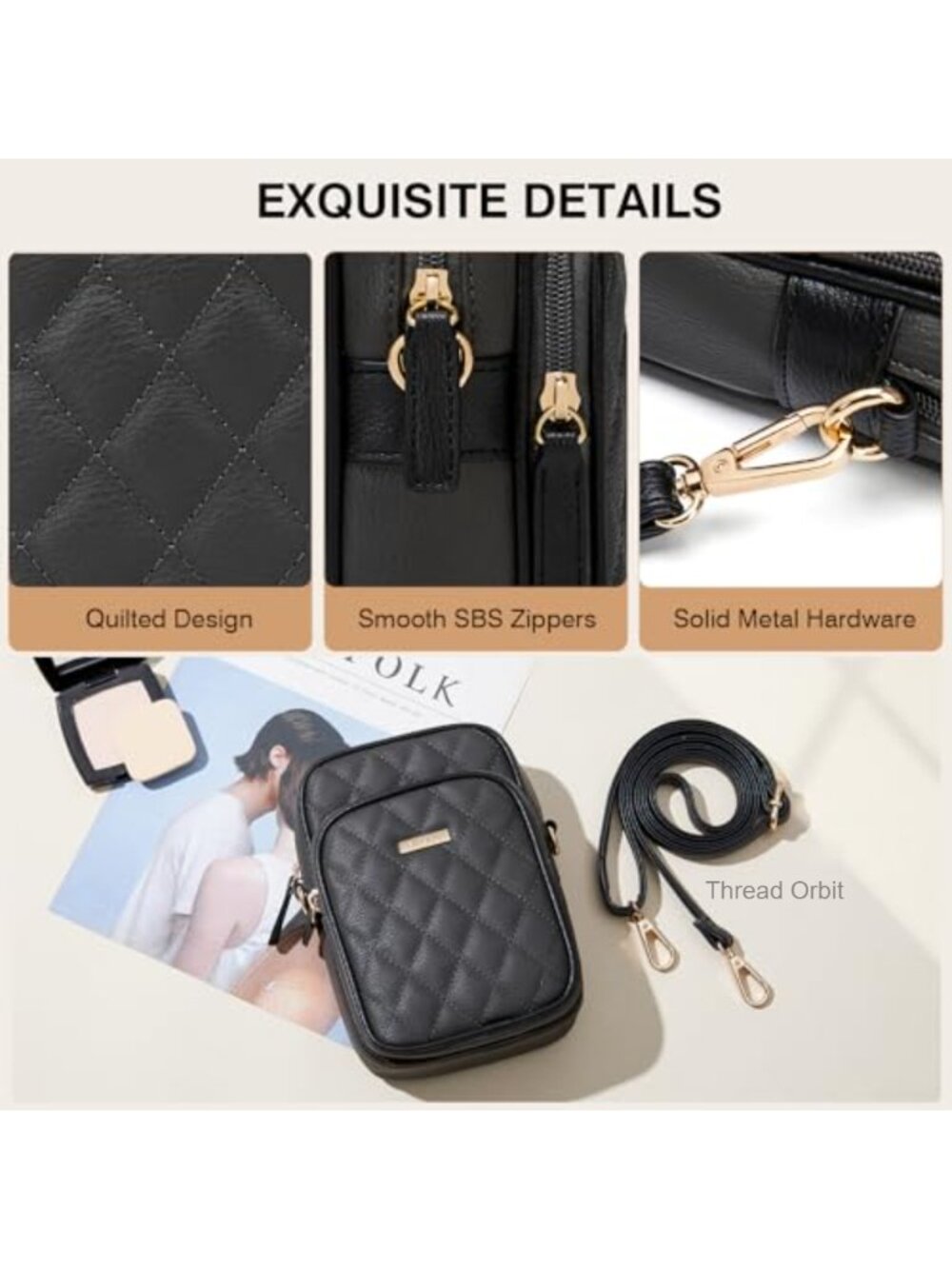 Small Vegan Leather Crossbody Phone Bag Quilted Wallet Card Slots - Picture 5 of 6